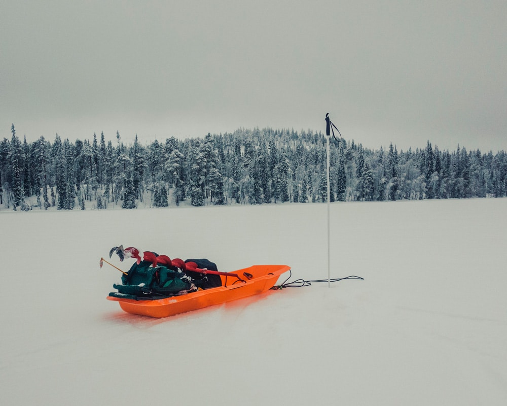 13.2.2022 Ice fishing for arctic chars at Pyhäjärvi, Kittilä Finland.
