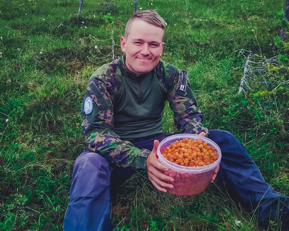 2.8.2020 Man picking cloudberries in Finnish Lapland.