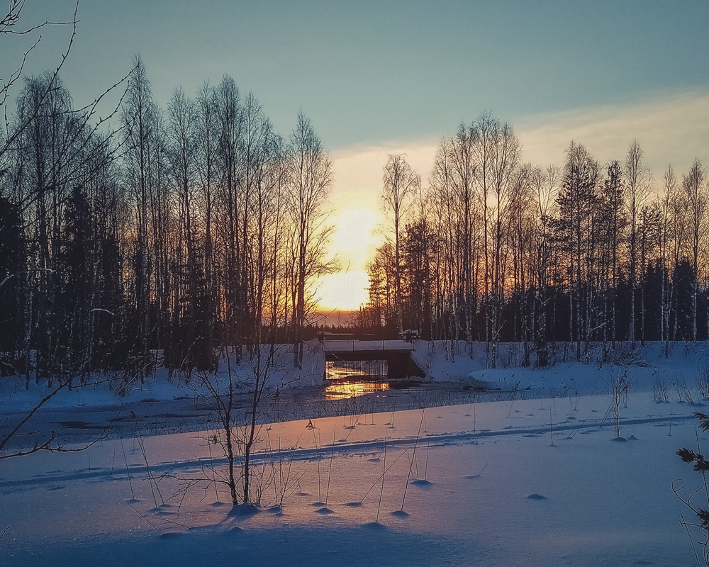 26.2.2022 frozen river at Rovaniemi Finland.