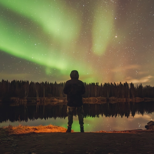 Man standing by the riverside with northern lights.
