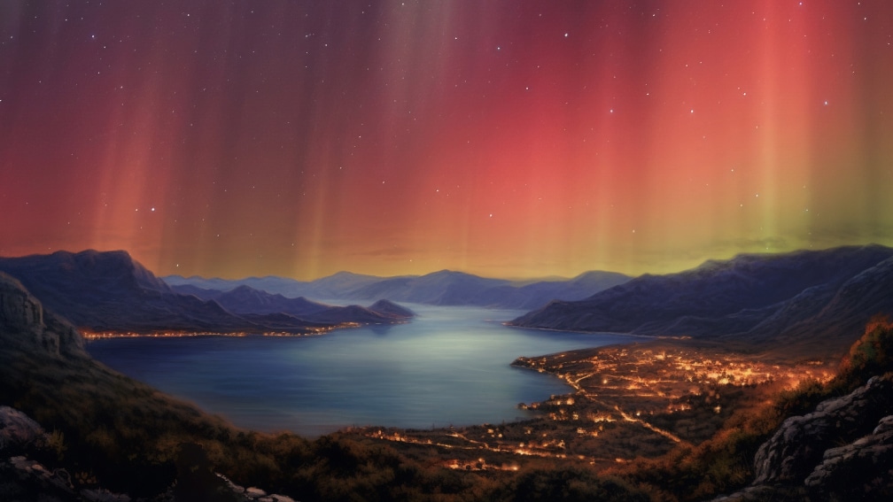 Ancient Greece and red northern lights.